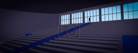 Foto de Modelo 3D con la silueta de un hombre, en la fila superior de un anfiteatro, caminando solo con la cabeza hacia abajo a lo largo de un ventanal, en un ambiente oscuro; podría ser una ilustración simbólica de la soledad - Imagen libre de derechos