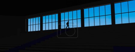 Téléchargez les photos : Modèle 3D avec la silhouette d'un homme, marchant seul la tête baissée le long d'une baie vitrée, dans une ambiance sombre ; cela pourrait être une illustration symbolique de la solitude - en image libre de droit