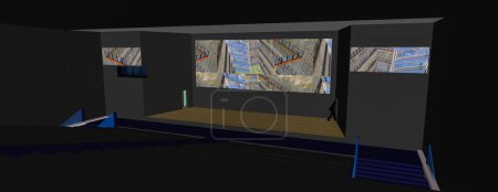 Téléchargez les photos : Modèle 3D, généré avec un logiciel de conception, d'un amphithéâtre, ayant un grand écran de projection, des murs sombres et une scène en bois ; il pourrait également être une scène de théâtre, un cinéma ou une salle de conférence - en image libre de droit