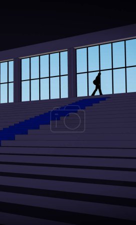Photo for 3D model with the silhouette of a man, on the top row of an amphitheatre, walking alone with his head down along a bay window, in a dark ambiance ; it could be a symbolic illustration for loneliness - Royalty Free Image