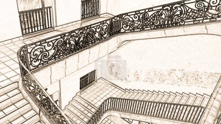 Téléchargez les photos : Toulouse, France - Sept. 2017 - Le grand escalier monumental du Lycée Pierre de Fermat, avec une balustrade en fer forgé, comme avant les travaux de restauration (illustration en noir et blanc) - en image libre de droit