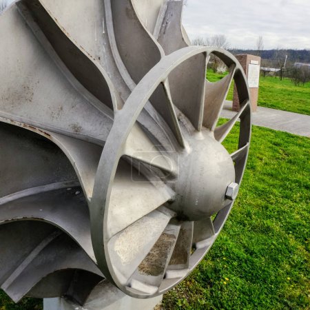 Photo for Toulouse, France - March 2020 - Heavy machinery exhibited as remnants of the devastating explosion of the AZF factory in the Memorial : a massive metalwork mechanical piece in the form of a helix - Royalty Free Image