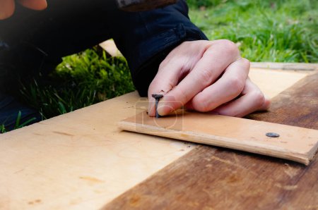 Photo for A young manual worker's hand holding a metal spike to keep it straight ; the carpenter, installed on the grass in a garden, knocks a nail into a piece of wood to seal two plywood boards together - Royalty Free Image