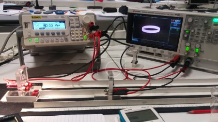 Photo for Toulouse, France - Feb. 2018 - Experimental and didactic material in a electronics laboratory : signals from a electric circuit powered by a low frequency generator under study with an oscilloscope - Royalty Free Image