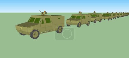 Foto de 3D, computer generated image of a military convoy composed of numerous, identical armored vehicles. These scout cars, featuring a weapon station on the roof, are going in formation on the battlefield - Imagen libre de derechos