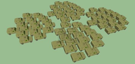 Photo for 3D, computer generated image of a military convoy composed of numerous, identical armored vehicles. These scout cars, featuring a weapon station on the roof, are going in formation on the battlefield - Royalty Free Image