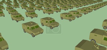 Téléchargez les photos : 3D, computer generated image of a military convoy composed of numerous, identical armored vehicles. These scout cars, featuring a weapon station on the roof, are going in formation on the battlefield - en image libre de droit
