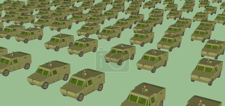 Foto de 3D, computer generated image of a military convoy composed of numerous, identical armored vehicles. These scout cars, featuring a weapon station on the roof, are going in formation on the battlefield - Imagen libre de derechos
