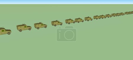 Téléchargez les photos : 3D, image générée par ordinateur d'un énorme stock de véhicules blindés militaires ; ces voitures scout disposent d'un camouflage kaki et d'une station d'armes montée sur une tourelle, au-dessus du toit - en image libre de droit