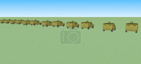 Photo for 3D, computer generated image of a military convoy composed of numerous, identical armored vehicles. These scout cars, featuring a weapon station on the roof, are going in formation on the battlefield - Royalty Free Image