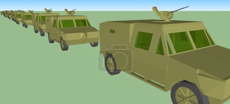 Foto de 3D, imagen generada por ordenador de una gran cantidad de vehículos blindados militares; estos coches scout cuentan con un camuflaje caqui y una estación de armas montada en una torreta, por encima del techo - Imagen libre de derechos