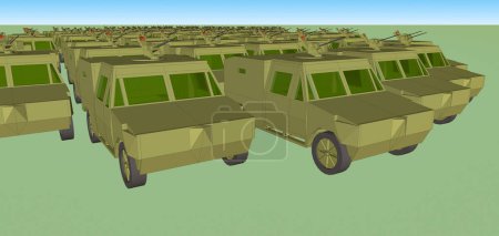 Téléchargez les photos : 3D, image générée par ordinateur d'un énorme stock de véhicules blindés militaires ; ces voitures scout disposent d'un camouflage kaki et d'une station d'armes montée sur une tourelle, au-dessus du toit - en image libre de droit