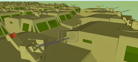 Foto de 3D, imagen generada por ordenador de una gran cantidad de vehículos blindados militares; estos coches scout cuentan con un camuflaje caqui y una estación de armas montada en una torreta, por encima del techo - Imagen libre de derechos
