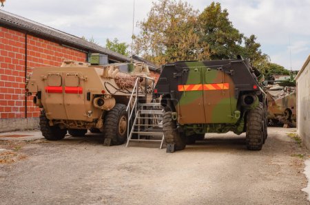 Photo for Troyes, France - Sept. 2020 - Back of two VABs ("Vehicule Blinde Leger") side by side, an armored personnel carrier (APC) manufactured by Renault TD and formerly used by the French army - Royalty Free Image