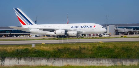 Photo for Paris-Roissy CDG Airport, France -June 2019- Double-decker long-range aircraft Airbus A380 on the tarmac, operated by the airline company Air France ; it is the biggest airliner worldwide - Royalty Free Image