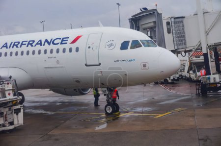 Photo for Paris-Roissy CDG Airport, France -June 2019- Double-decker long-range aircraft Airbus A380 on the tarmac, operated by the airline company Air France ; it is the biggest airliner worldwide - Royalty Free Image