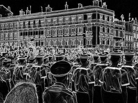 Foto de Toulouse, Francia - 8 de mayo de 2018 - Oficiales de un destacamento de honor de la Gendarmería Nacional Francesa con uniformes de vestir y rifles de bayoneta en el Día de la Victoria en Franois Verdier War Memorial - Imagen libre de derechos
