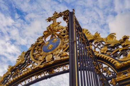Téléchargez les photos : Détail de la porte dorée du 18ème siècle du Htel-Dieu-le-Comte, une maison de ville construite au 12ème siècle à Troyes, France ; l'héraldique dorée, avec le Lys royal, est surmontée d'une croix - en image libre de droit