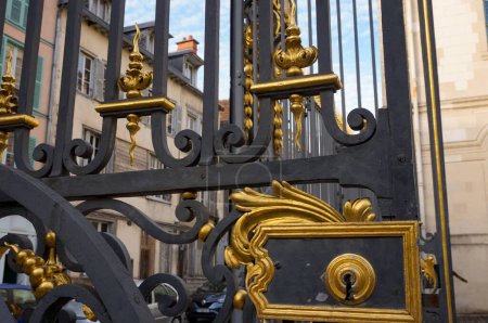 Téléchargez les photos : Détail de l'aile de porte de la porte en fonte du XVIIIe siècle d'une maison historique majestueuse, avec l'écluse dorée ; c'est l'entrée d'une maison seigneuriale construite au XIIe siècle à Troyes, en France - en image libre de droit
