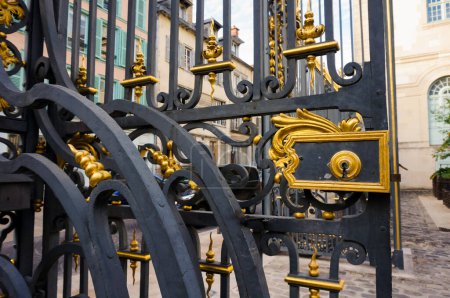 Foto de Troyes, Francia - Sept. 2020 - Detalle del ala de la puerta de hierro fundido, puerta del siglo XVIII de una casa histórica, con una cerradura dorada, en la entrada del Hotel-Dieu-Le-Comte en Cite Street - Imagen libre de derechos