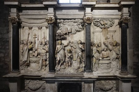 Photo for Reims, France - April 2021 - The Triptych of the Three Baptisms, sculpted in the 17th century, pictures Saint Sylvester and Constantine, Jesus-Christ and Saint John the Baptist, Clovis and Saint-Remi - Royalty Free Image