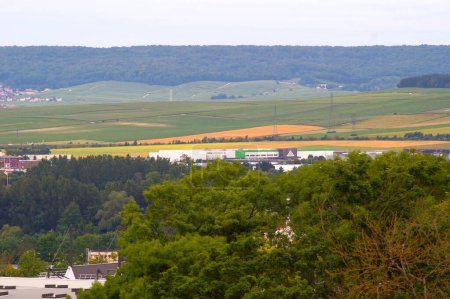 Foto de Cormontreuil, Francia - Junio 2021 - Visto desde lejos, un gran almacén de Leroy Merlin en el centro comercial de Cormontreuil, en las afueras de Reims, al pie de la ladera cultivada de la montaña de Reims - Imagen libre de derechos