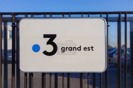 Photo for Reims, France - March 2021 - Signboard at the offices of France 3 Grand Est, a channel of the State-owned television company France Televisions, on Janke Segal Street, near Moulin de la Housse Campus - Royalty Free Image