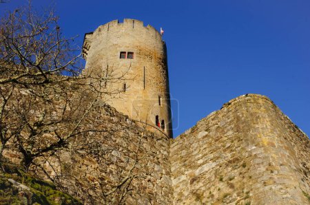 Téléchargez les photos : Vestiges du château fort de Najac, France, l'une des bastides de Rouergue, avec la tour ronde massive sur le sommet de la colline, des remparts et des buissons au premier plan - en image libre de droit