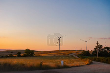 Téléchargez les photos : Éoliennes alignées à l'horizon au coucher du soleil - en image libre de droit