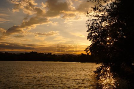 Foto de Impresionante cielo amarillo, con nubes iluminadas por la luz del sol en el crepúsculo, siluetas de árboles y reflejos dorados en el agua del lago de Les Etangs, en el parque natural de Saix, al sur de Francia - Imagen libre de derechos