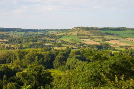 Téléchargez les photos : Paysage verdoyant et vallonné avec champs agricoles, vu d'en haut depuis les remparts de Cordes-sur-Ciel, une ville rurale de la région d'Albi (département du Tarn), dans le sud de la France - en image libre de droit