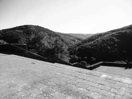 Téléchargez les photos : Impressionnante vue panoramique sur l'épaisse forêt verdoyante de la vallée du Tarn en Occitanie, vue depuis les escaliers en pierre du prieuré d'Ambialet, un point de vue perché au sommet d'une colline - en image libre de droit