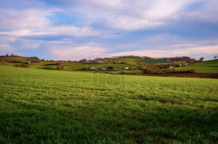 Une journée nuageuse dans un magnifique paysage rural en France, avec des champs verts verdoyants, des collines boisées et des vallées, et quelques fermes ou maisons de campagne dans une zone rurale et agricole de l'Occitanie