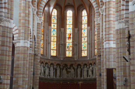 Photo for Albi, France - April 2023 - Vaulted choir and colorful glass stained windows at the end of the nave, inside Saint-Joseph's Church, which was built in the late 19th century on Montebello Boulevard - Royalty Free Image