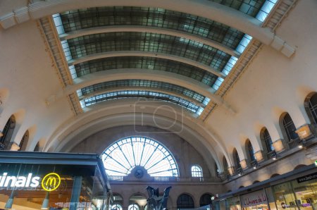 Photo for Paris, France - Sept. 2020 - Glass canopy, vaulted ceiling and arched windows of the railway station of Paris-Est (Gare de l'Est), inside an ancient terminal built in Art Nouveau architecture - Royalty Free Image