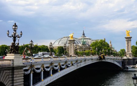 Téléchargez les photos : Le pont Alexandre-III traversant la Seine et la verrière du Grand Palais, tous deux construits pour l'Exposition universelle de 1900 dans le 8ème arrondissement de Paris, en France - en image libre de droit