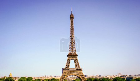 Téléchargez les photos : Paris, France - La Tour Eiffel dans un ciel bleu clair, dominant l'horizon de la capitale française, vue de l'Esplanade du Trocadro dans l'axe du Parc du Champ de Mars - en image libre de droit