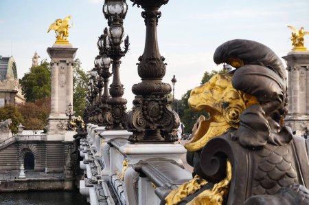 Foto de Estatuas de metal dorado y postes de lámparas esculpidas en el histórico Pont Alexandre-III, que cruza el río Sena en el distrito 8 de París, Francia; el puente fue construido para la Feria Mundial de 1900 - Imagen libre de derechos