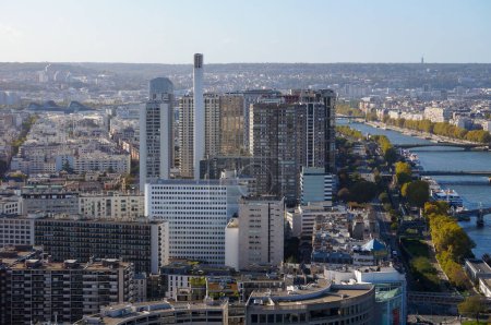 Photo for Paris, France - Nov. 2022 - General view from the Eiffel Tower over the office and residential towers of the Front-de-Seine, in Beaugrenelle neighborhood (15th arrondissement), by the River Seine - Royalty Free Image