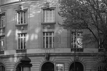 Photo for Paris, France - April 2021 - Black and white photo of the facade of the Lycee Saint-Louis, a prestigious high school on Boulevard Saint-Michel housing one of France's most elitist preparatory classes - Royalty Free Image