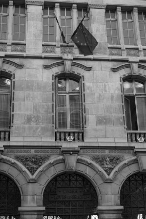Photo for Paris, France - April 2021 - Black and white photo of the facade of the Lycee Louis-le-Grand, a high school on Saint-Jacques Street that offers one of France's most elitist preparatory classes - Royalty Free Image