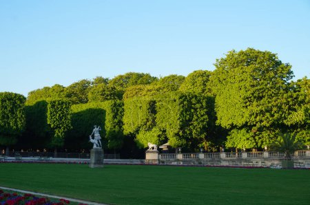 Foto de París, Francia - abril 2021 - Césped y árboles podados en los espléndidos Jardines de Luxemburgo de estilo francés (Jardín du Luxembourg), el parque del Senado francés, en el distrito 6, Barrio Latino - Imagen libre de derechos