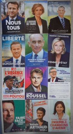 Photo for Reims, France - April 7, 2022 - Confessions of faiths (political pamphlets) of the twelve candidates running for the French candidacy, three days ahead of the first round of the 2022 election - Royalty Free Image