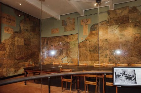 Photo for Reims, France - Sept. 2022 - Main room of the Supreme Headquarters Allied Expeditionary Force, as it was in 1945, plastered with maps of the French war fronts, inside the now German Surrender Museum - Royalty Free Image