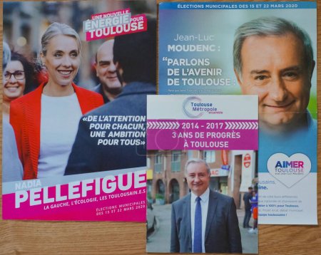 Photo for Toulouse, France - June 2020 - Election pamphlets featuring two of the candidates for mayor of Toulouse : socialist Nadia Pellefigue and centre-right Jean-Luc Moudenc, who runs for re-election - Royalty Free Image
