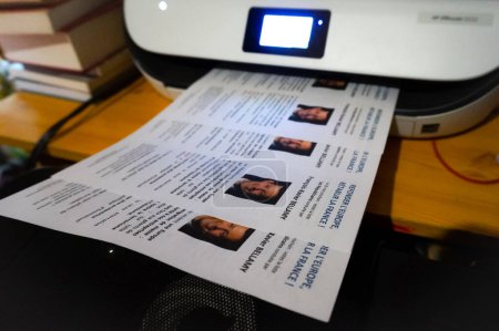 Photo for Occitanie, France - May 2019 - Leaflets with the political platform of Francois-Xavier Bellamy, conservative leading candidate for the European election, being printed by independant supporters - Royalty Free Image