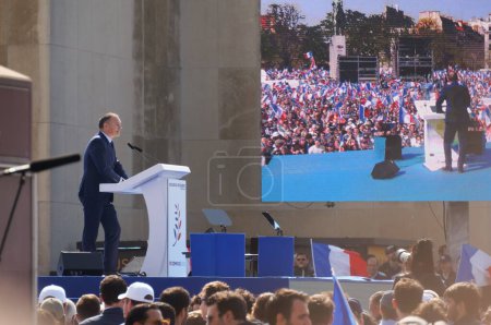 Photo for Paris, France - March 27, 2022 - Les Republicains Senator Sebastien Meurant's speech, on the stage of presidential candidate Eric Zemmour's Trocadero giant outdoor rally in the French capital - Royalty Free Image