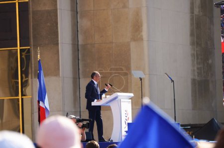 Photo for Paris, France - March 27, 2022 - Eric Zemmour's speech, on the stage of Trocadro giant outdoor rally in the French capital ; Eric Zemmour was a conservative, right-wing presidential candidate - Royalty Free Image
