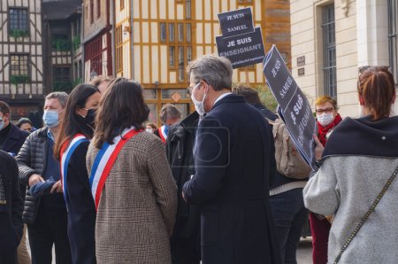 Photo for Troyes, France - Oct. 18, 2020 - Prefect of Aube Stphane Rouve, Academy Director and Education Inspector Frederic Bablon, and officials at the tribute to Samuel Paty, a teacher killed by a jihadist - Royalty Free Image