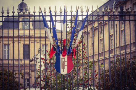 Téléchargez les photos : Troyes, France - 18 octobre 2020 - Drapeaux de la France sur les armoiries, en berne, en signe de deuil national en hommage à Samuel Paty, enseignant décapité par un terroriste islamiste - en image libre de droit